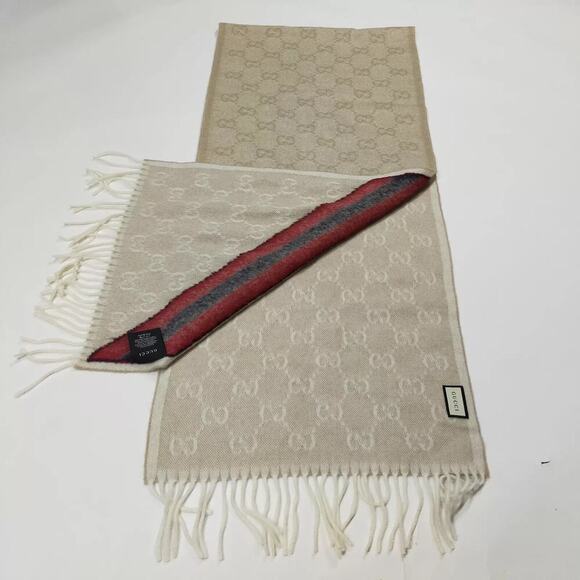 Gucci Mens Logo Monogram Wool Long Fringe Scarf Cream Beige NWOT - Picture 2 of 7